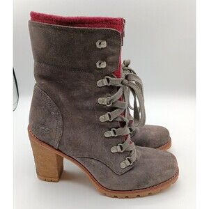 UGG Boot Wn 9 Fabrice Gray Suede Leather Lace-up Lug Sole Heel Equestrian Bootie